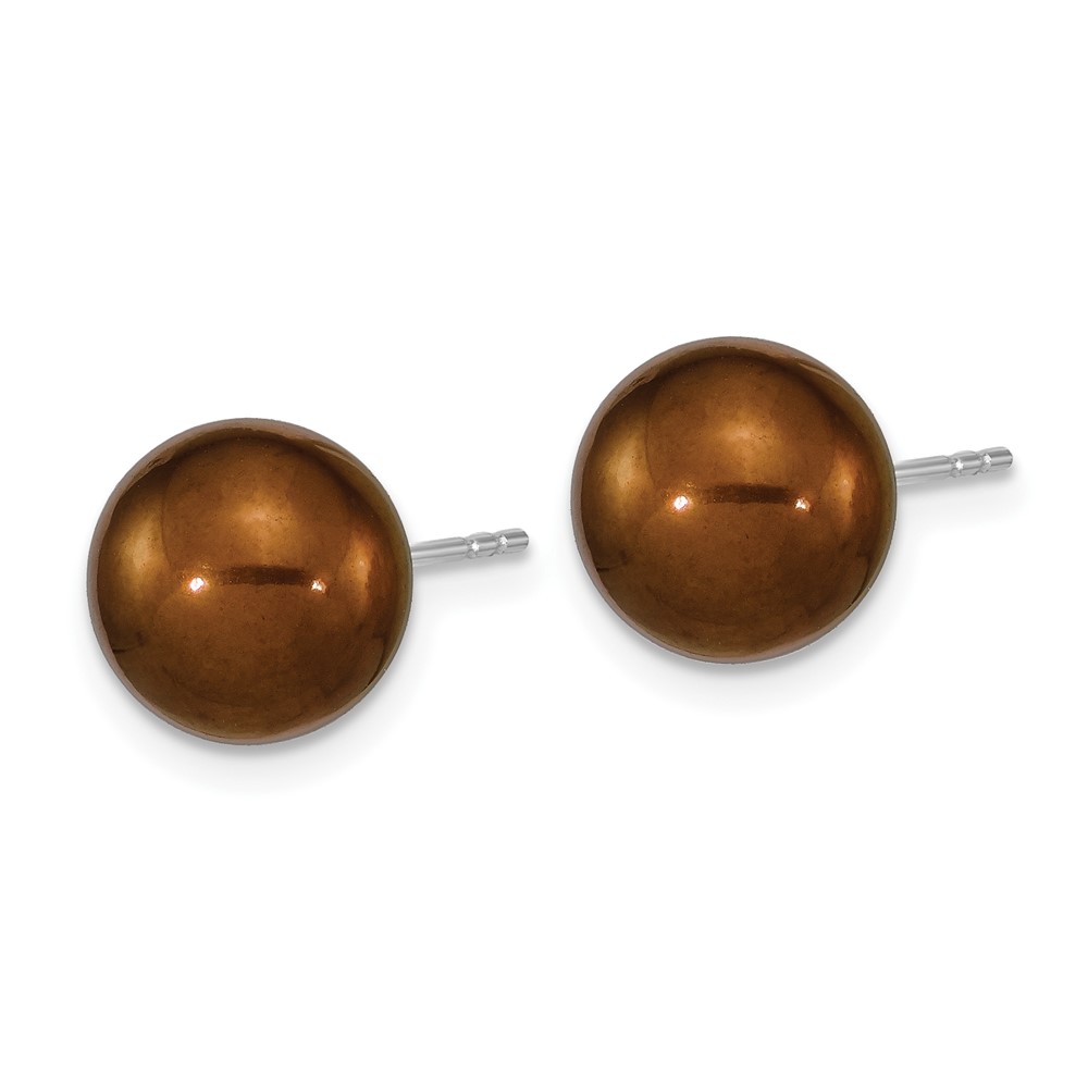Sterling Silver Rhodium-plated 9-10mm Brown Round Freshwater Cultured Pearl Post Earrings (QE16329)