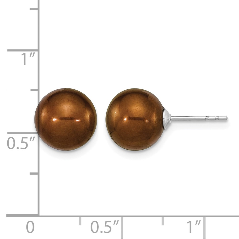 Sterling Silver Rhodium-plated 9-10mm Brown Round Freshwater Cultured Pearl Post Earrings (QE16329)