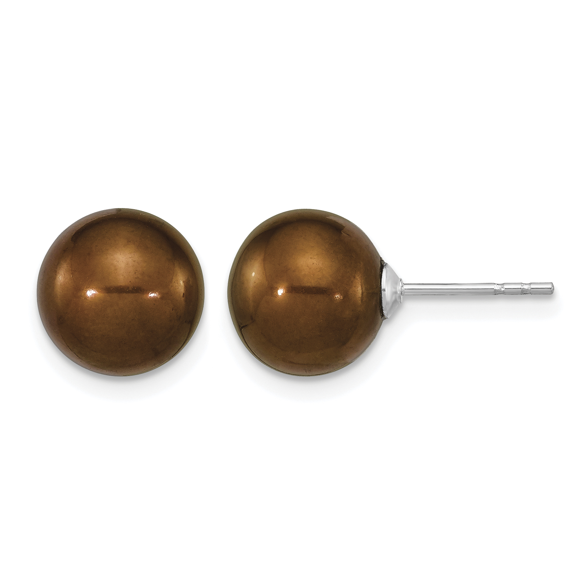 Sterling Silver Rhodium-plated 9-10mm Brown Round Freshwater Cultured Pearl Post Earrings (QE16329)