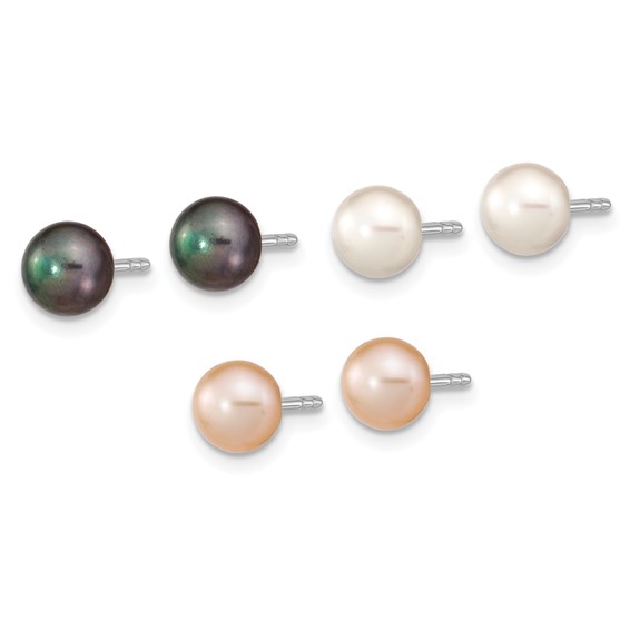 "Sterling Silver Rhodium-plated 6-7mm White, Black and Pink Button Freshwater Cultured Pearl Set of 3 Post Earrings  "