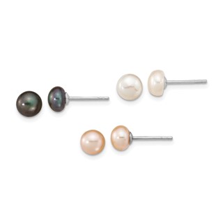 "Sterling Silver Rhodium-plated 6-7mm White, Black and Pink Button Freshwater Cultured Pearl Set of 3 Post Earrings  "