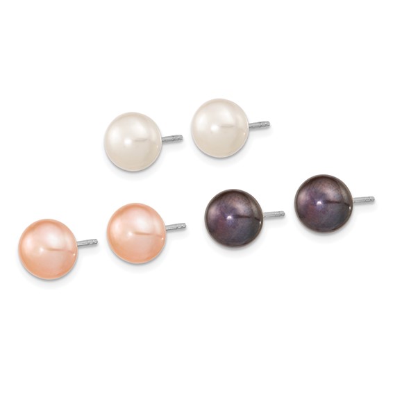 "Sterling Silver Rhodium-plated 8-9mm White, Black and Pink Button Freshwater Cultured Pearl Set of 3 Post Earrings  "