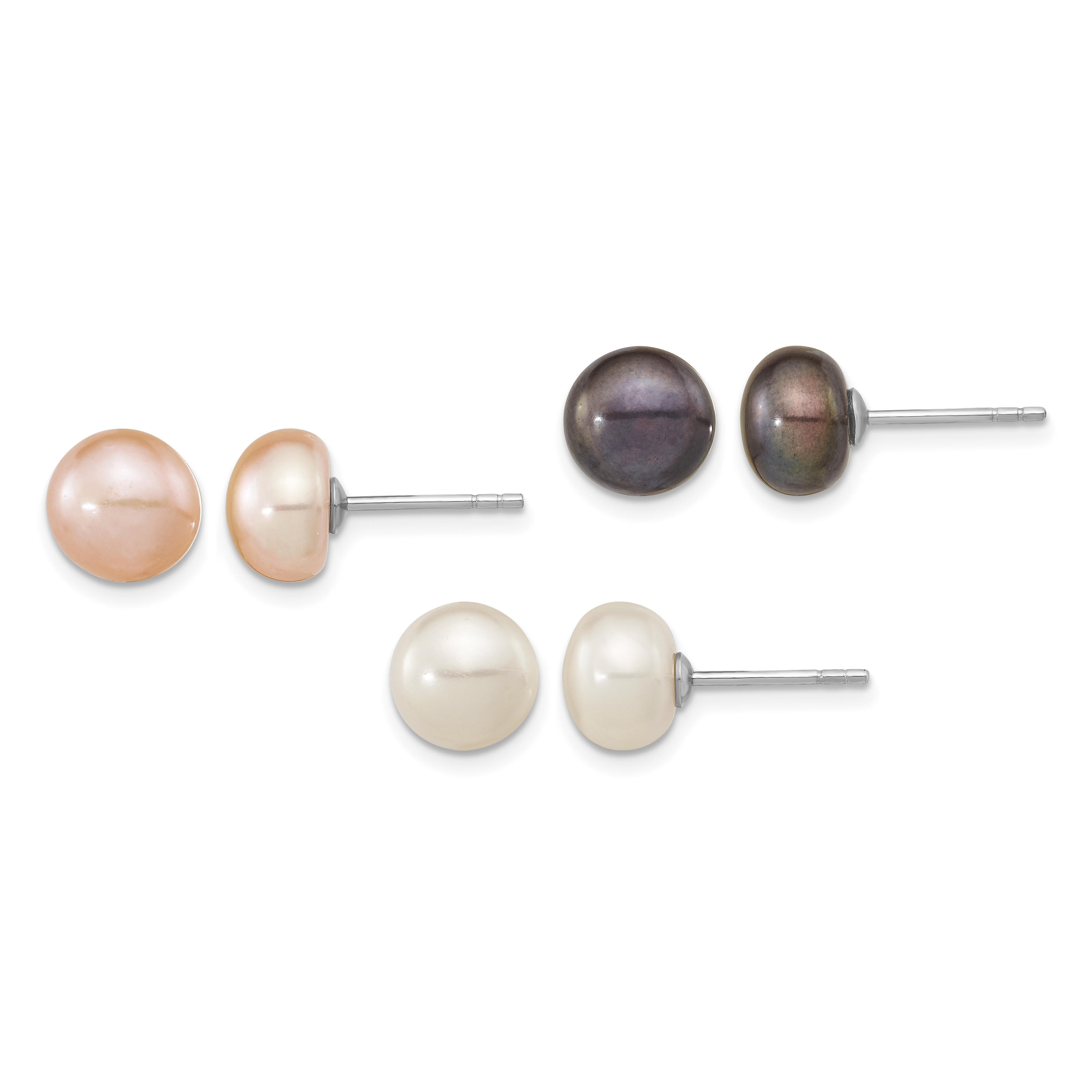 Sterling Silver Rhodium-plated 8-9mm White, Black and Pink Button Freshwater Cultured Pearl Set of 3 Post Earrings (QE16333SET)