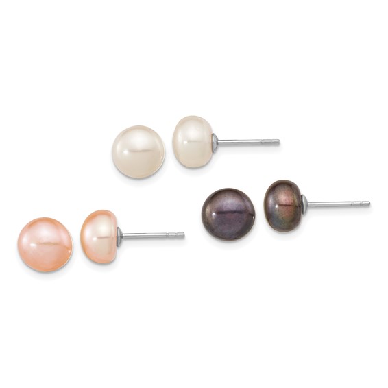 "Sterling Silver Rhodium-plated 8-9mm White, Black and Pink Button Freshwater Cultured Pearl Set of 3 Post Earrings  "