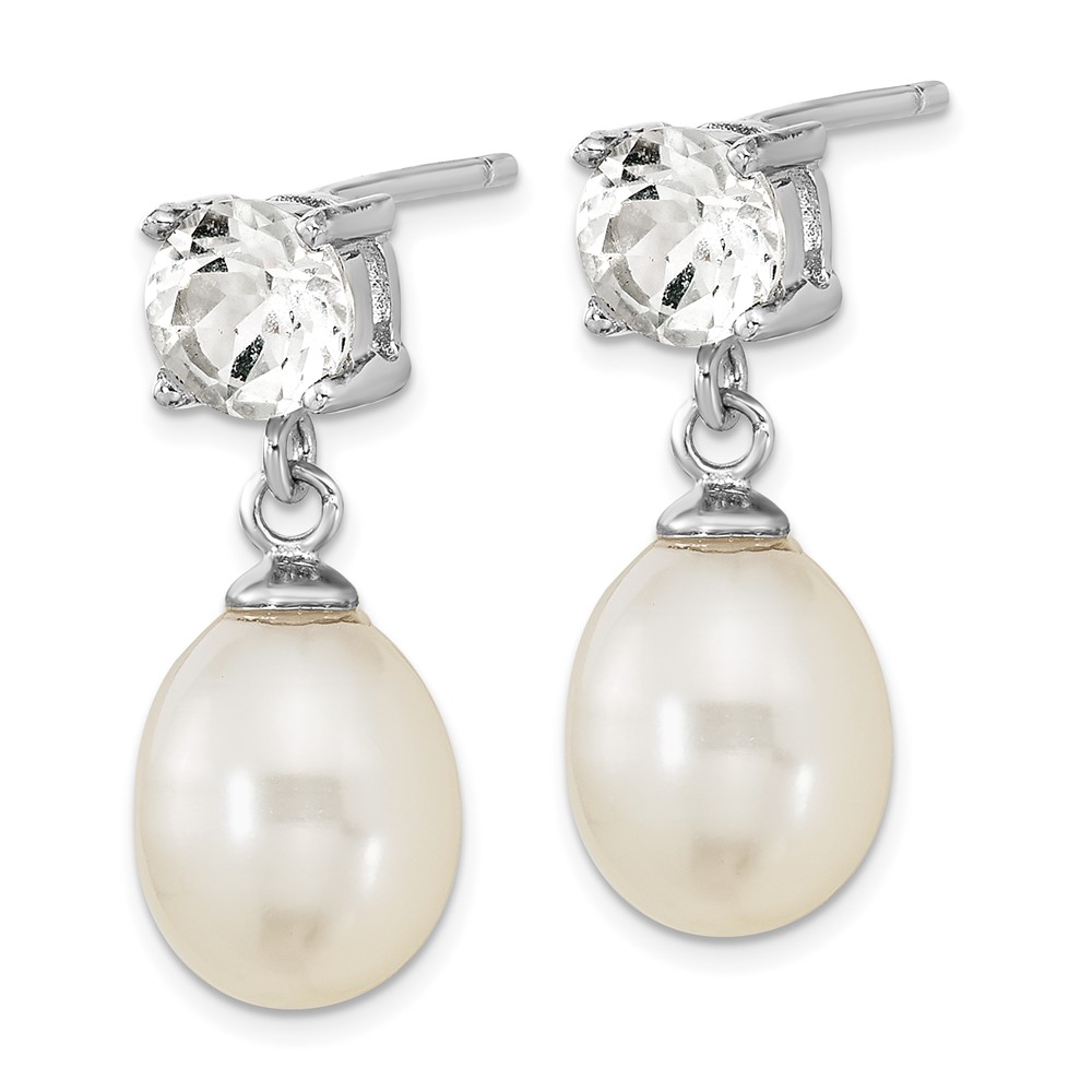 Sterling Silver Rhodium-plated 7-10mm White Teardrop Freshwater Cultured Pearl and 2.64WT White Topaz Post Dangle Earrings (QE16335)