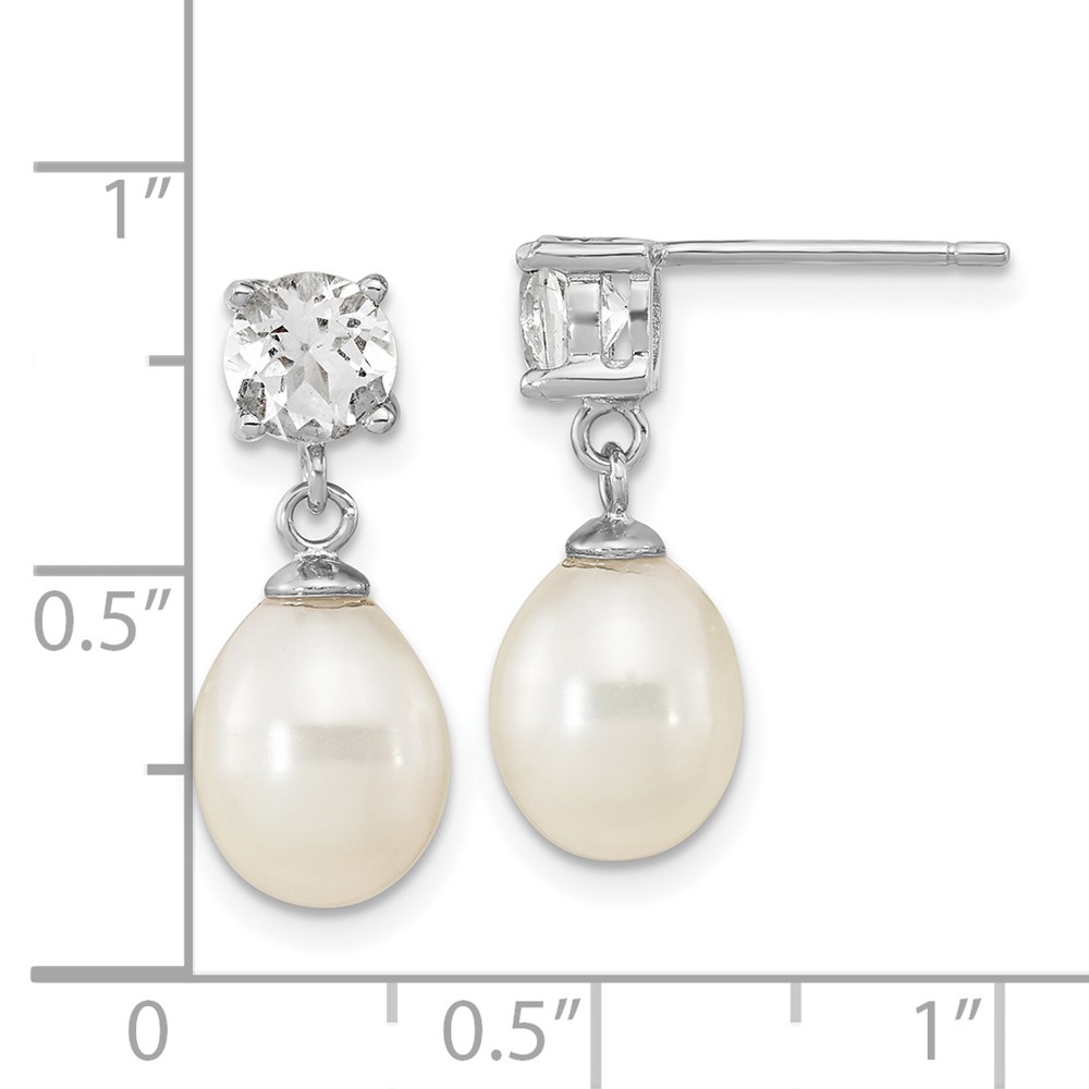 Sterling Silver Rhodium-plated 7-10mm White Teardrop Freshwater Cultured Pearl and 2.64WT White Topaz Post Dangle Earrings (QE16335)