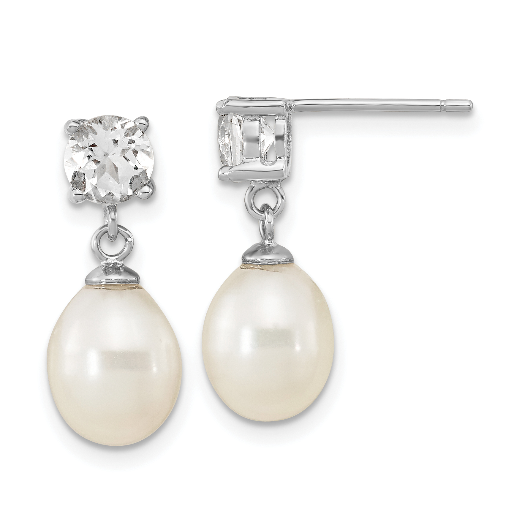 Sterling Silver Rhodium-plated 7-10mm White Teardrop Freshwater Cultured Pearl and 2.64WT White Topaz Post Dangle Earrings (QE16335)