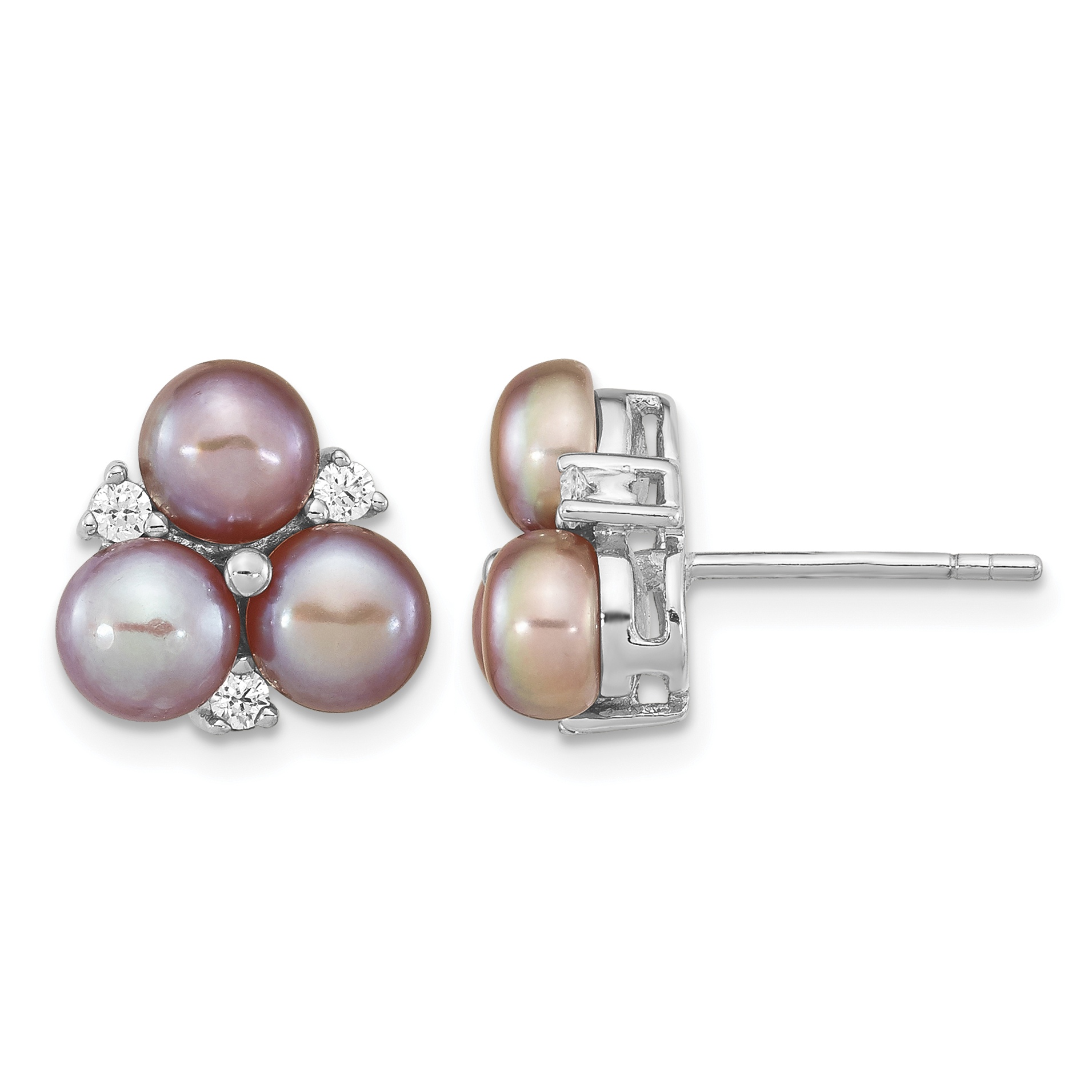 Sterling Silver Rhodium-plated 5-6mm Purple Button Freshwater Cultured Pearl Post Earrings (QE16336)