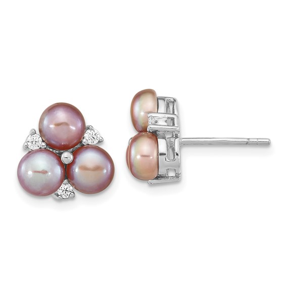 Sterling Silver Rhodium-plated 5-6mm Purple Button Freshwater Cultured Pearl Post Earrings