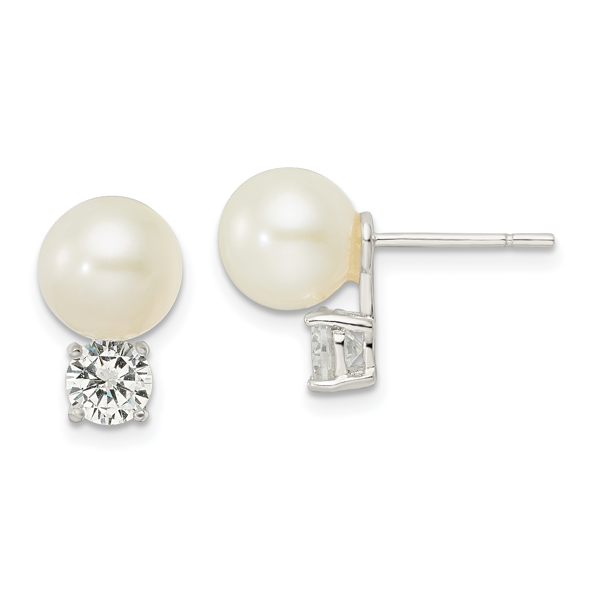 Sterling Silver CZ and 7-8mm Imitation Shell Pearl Post Earrings (QE16338)
