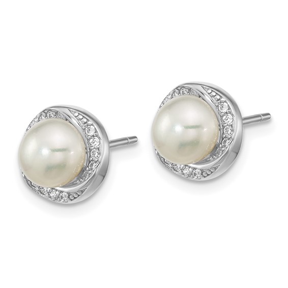Sterling Silver Rhodium-plated 6-7mm White Button Freshwater Cultured Pearl and CZ Post Earrings