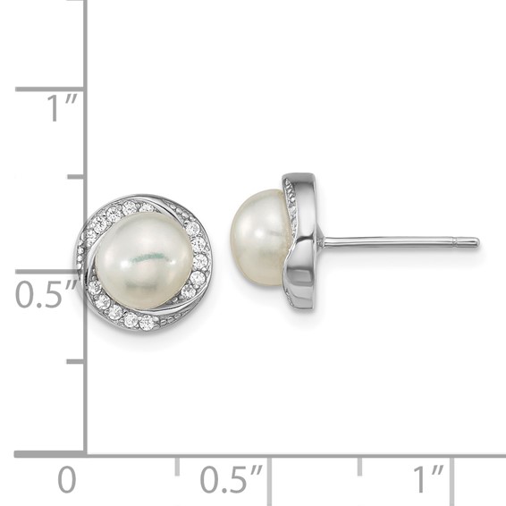 Sterling Silver Rhodium-plated 6-7mm White Button Freshwater Cultured Pearl and CZ Post Earrings