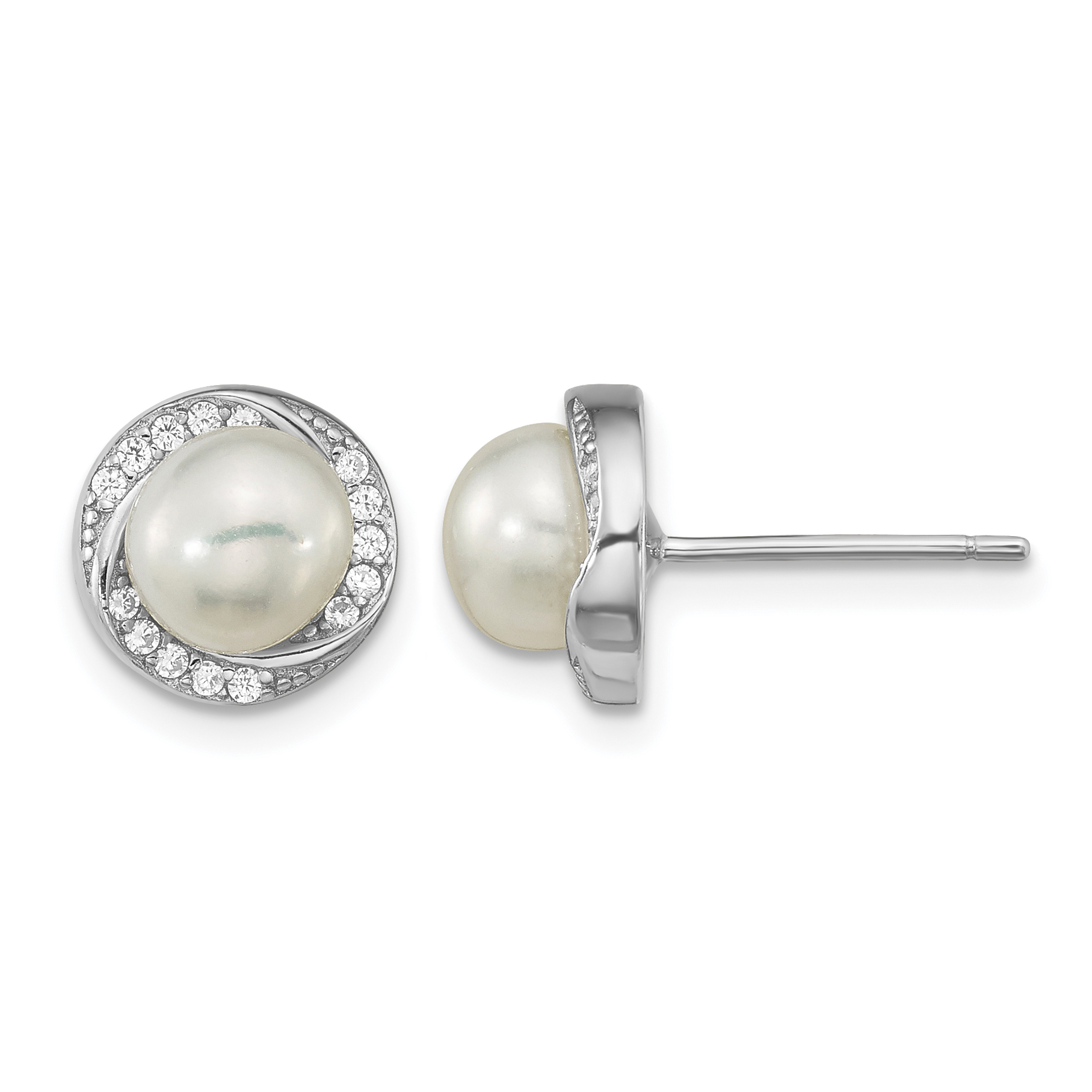 Sterling Silver Rhodium-plated 6-7mm White Button Freshwater Cultured Pearl and CZ Post Earrings (QE16339)