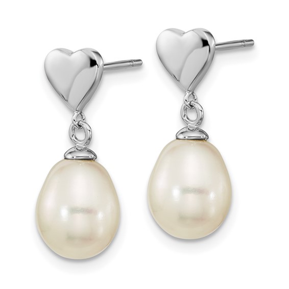 Sterling Silver Rhodium-plated 7x9mm White Teardrop Freshwater Cultured Pearl Heart Post Dangle Earrings