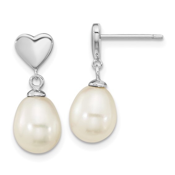 Sterling Silver Rhodium-plated 7x9mm White Teardrop Freshwater Cultured Pearl Heart Post Dangle Earrings