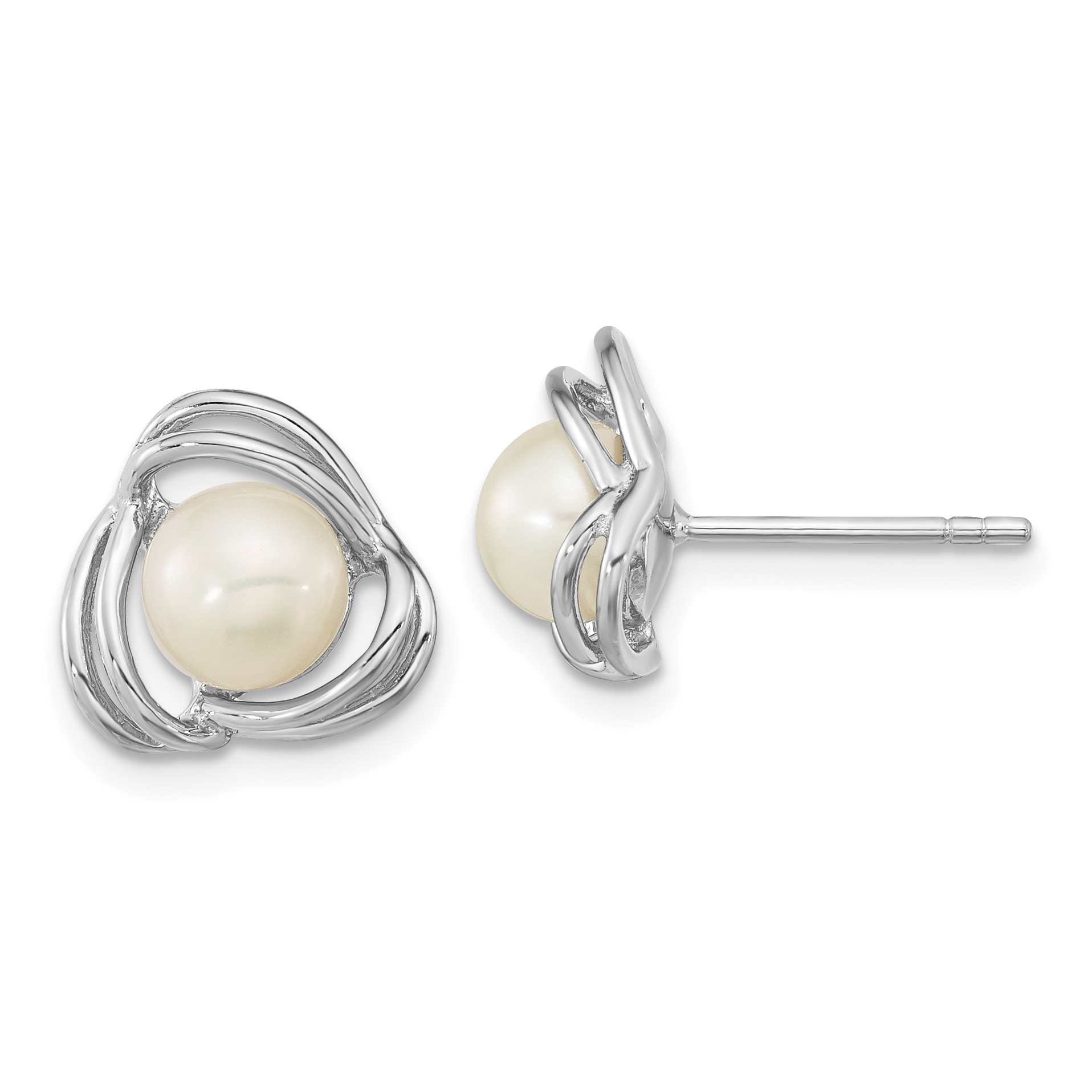 Sterling Silver Rhodium-plated 6-7mm White Button Freshwater Cultured Pearl Knot Post Earrings (QE16346)
