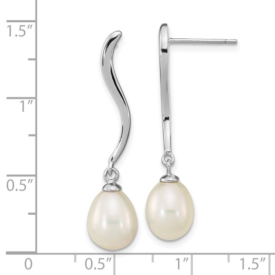 Sterling Silver Rhodium-plated 7-9mm White Teardrop Freshwater Cultured Pearl Post Dangle Earrings