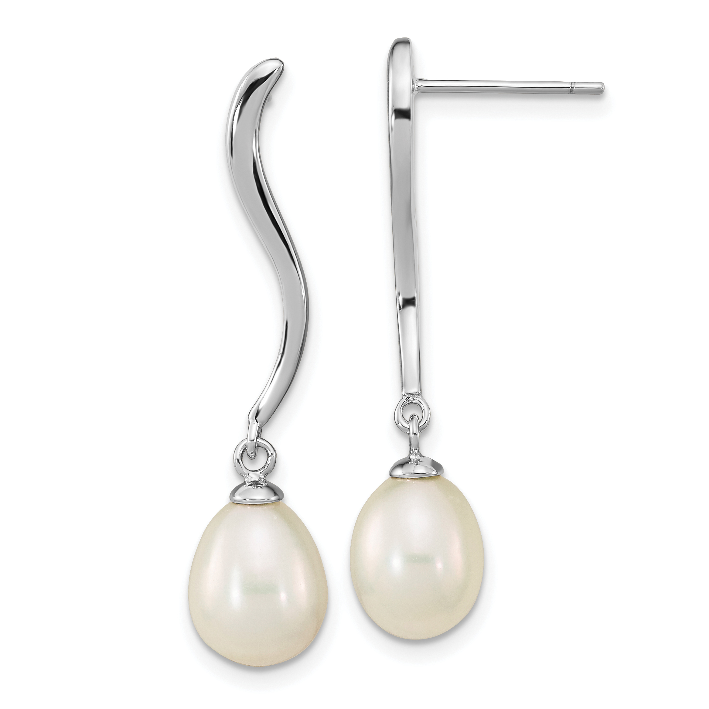 Sterling Silver Rhodium-plated 7-9mm White Teardrop Freshwater Cultured Pearl Post Dangle Earrings (QE16350)
