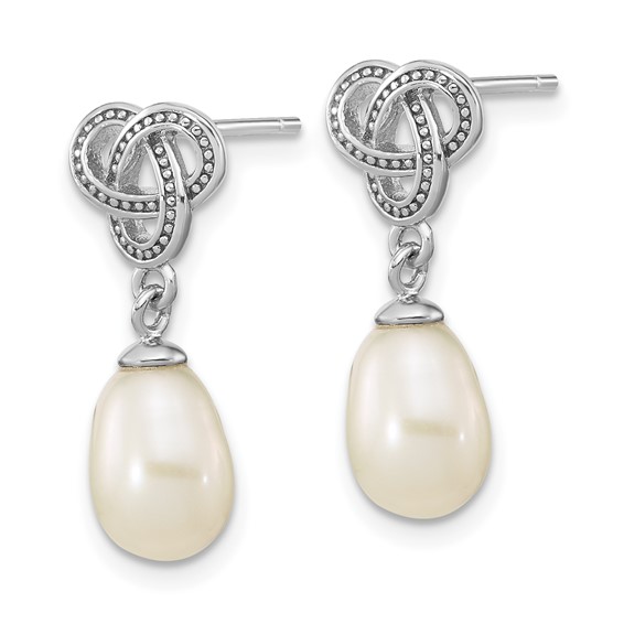 Sterling Silver Rhodium-plated 6-7mm White Rice Freshwater Cultured Pearl Knot Post Dangle Earrings