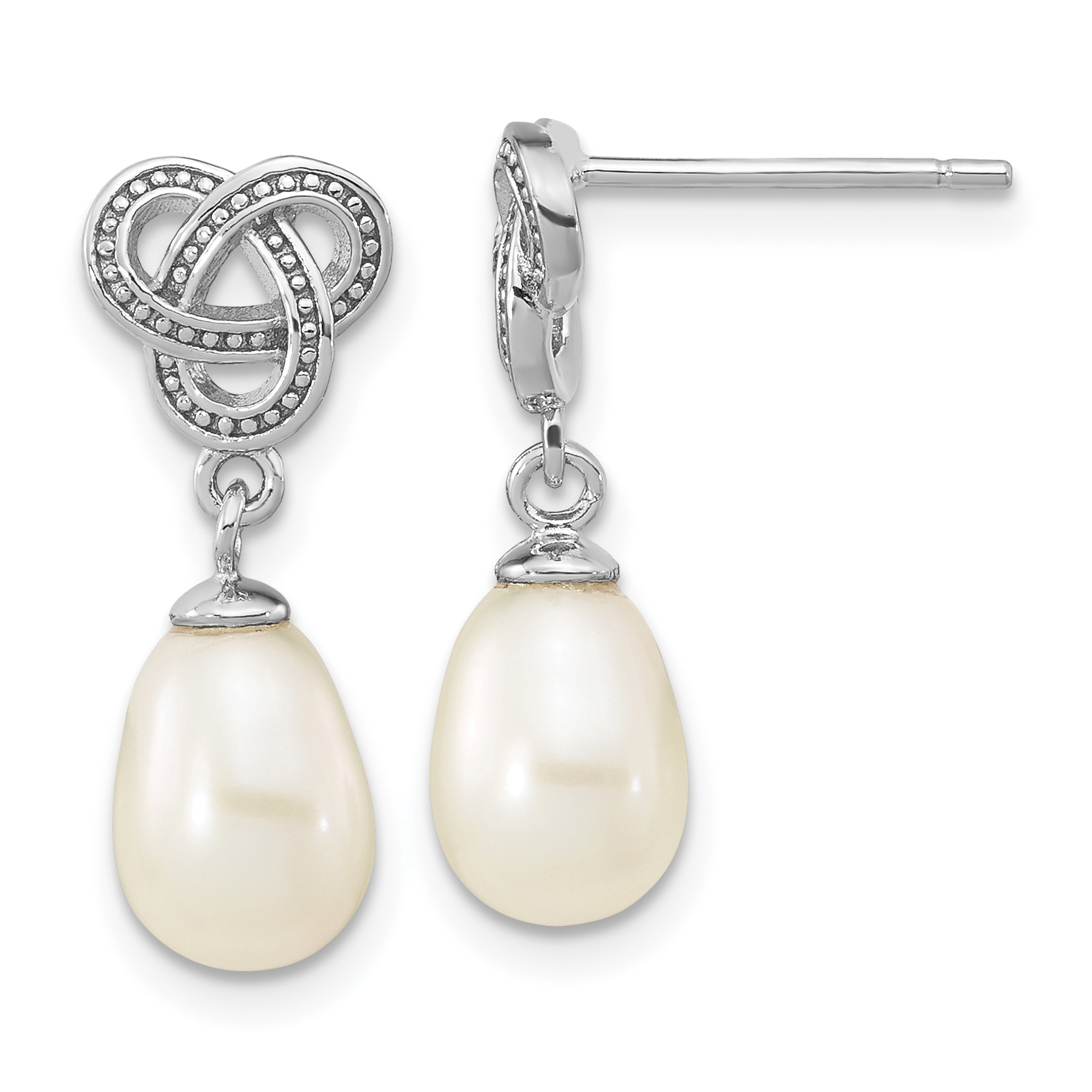 Sterling Silver Rhodium-plated 6-7mm White Rice Freshwater Cultured Pearl Knot Post Dangle Earrings (QE16351)