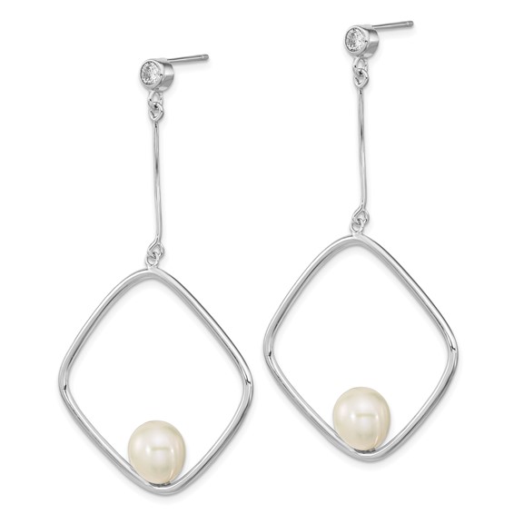 Sterling Silver Rhod-plated 7-8mm White Rice FWC Pearl CZ Dangle Earrings