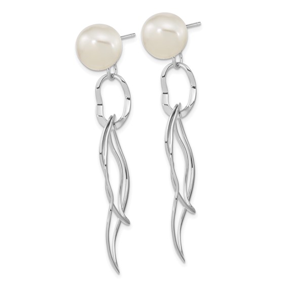 Sterling Silver Rhod-plated 10-11mm White Baroque FWC Pearl Dangle Earrings