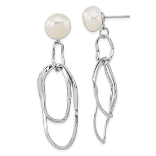 Sterling Silver Rhod-plated 10-11mm White Baroque FWC Pearl Dangle Earrings