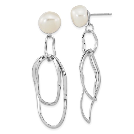 Sterling Silver Rhod-plated 10-11mm White Baroque FWC Pearl Dangle Earrings