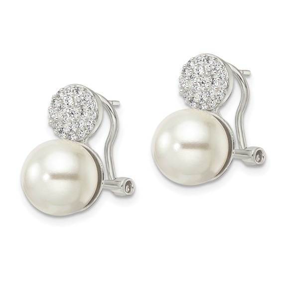 Sterling Silver Imitation Shell Pearl and CZ Omega Back Earrings