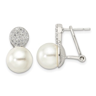 Sterling Silver Imitation Shell Pearl and CZ Omega Back Earrings