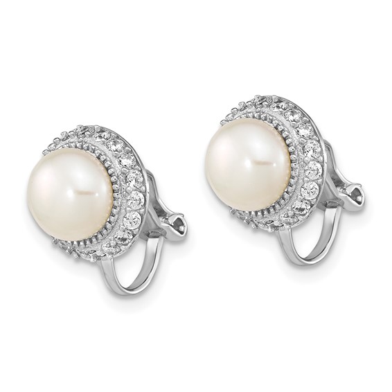 Sterling Silver Rhodium-plated 7-8mm White Button Freshwater Cultured Pearl Non-pierced Earrings