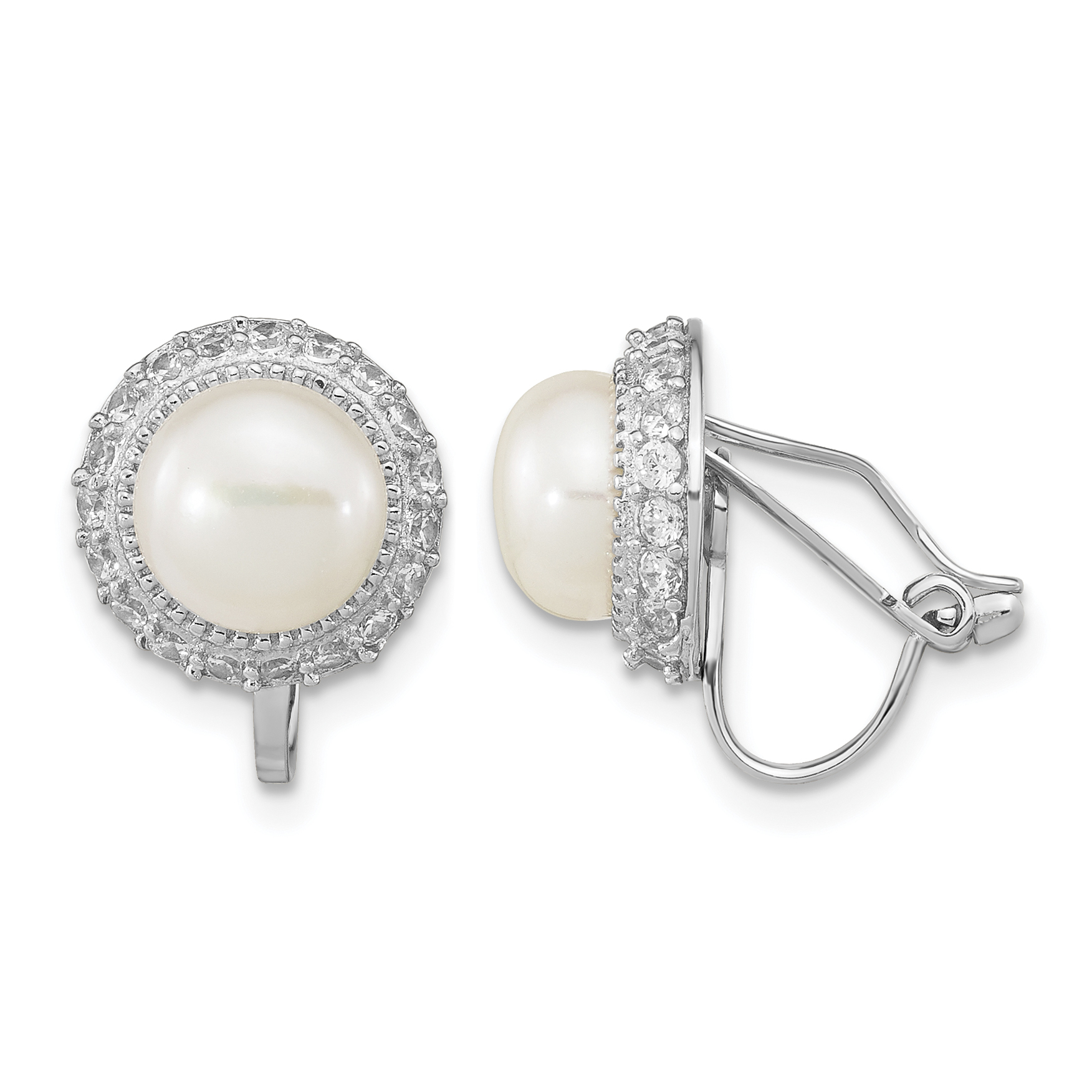 Sterling Silver Rhodium-plated 7-8mm White Button Freshwater Cultured Pearl Non-pierced Earrings (QE16361)