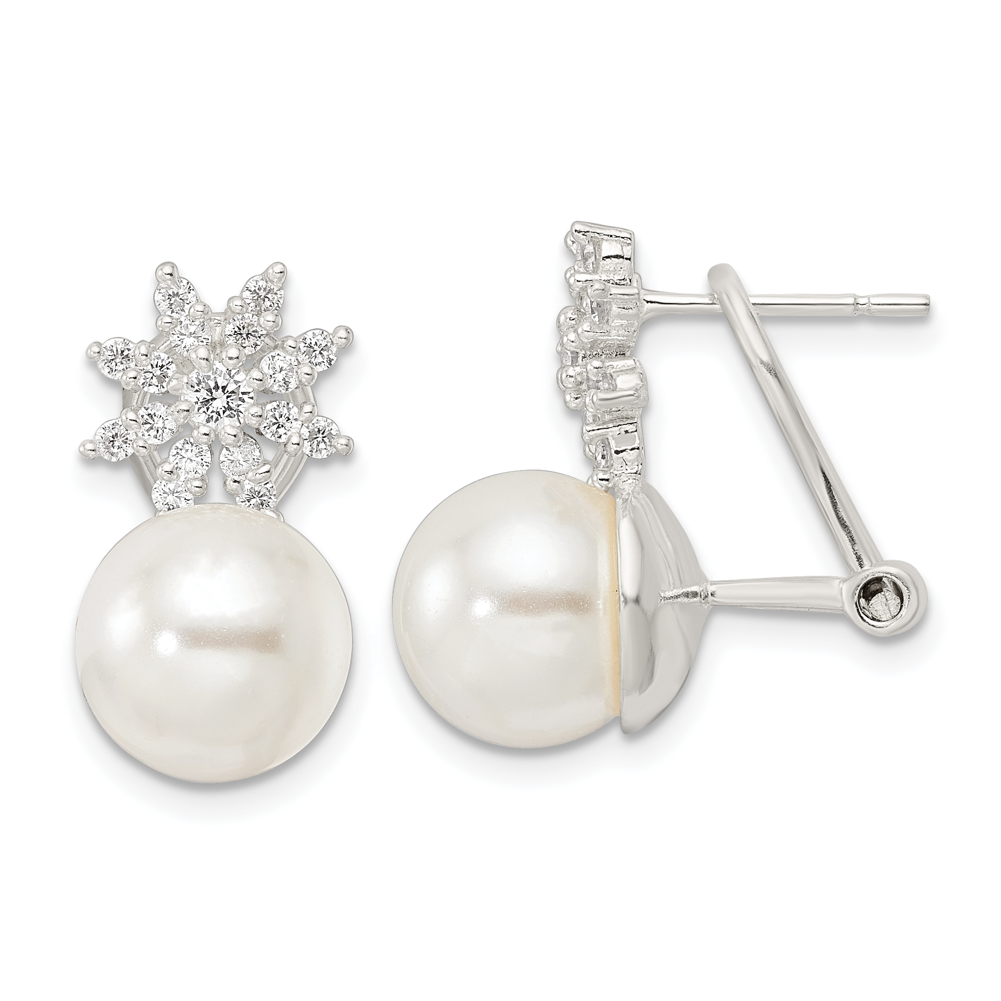 Sterling Silver Imitation Shell Pearl and CZ Floral Omega Back Earrings (QE16363)