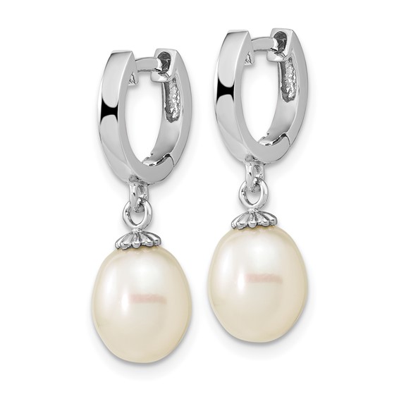 Sterling Silver Rhodium-plated 8-9mm White Teardrop Freshwater Cultured Pearl Dangle Hoop Earrings