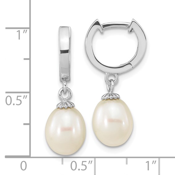 Sterling Silver Rhodium-plated 8-9mm White Teardrop Freshwater Cultured Pearl Dangle Hoop Earrings