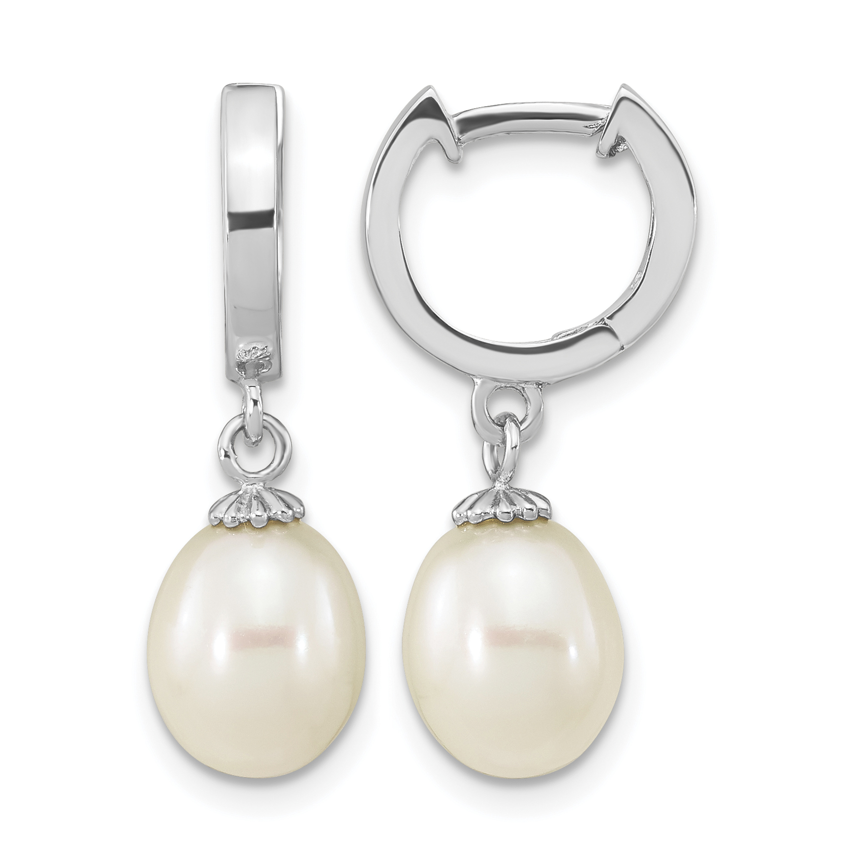 Sterling Silver Rhodium-plated 8-9mm White Teardrop Freshwater Cultured Pearl Dangle Hoop Earrings (QE16364)