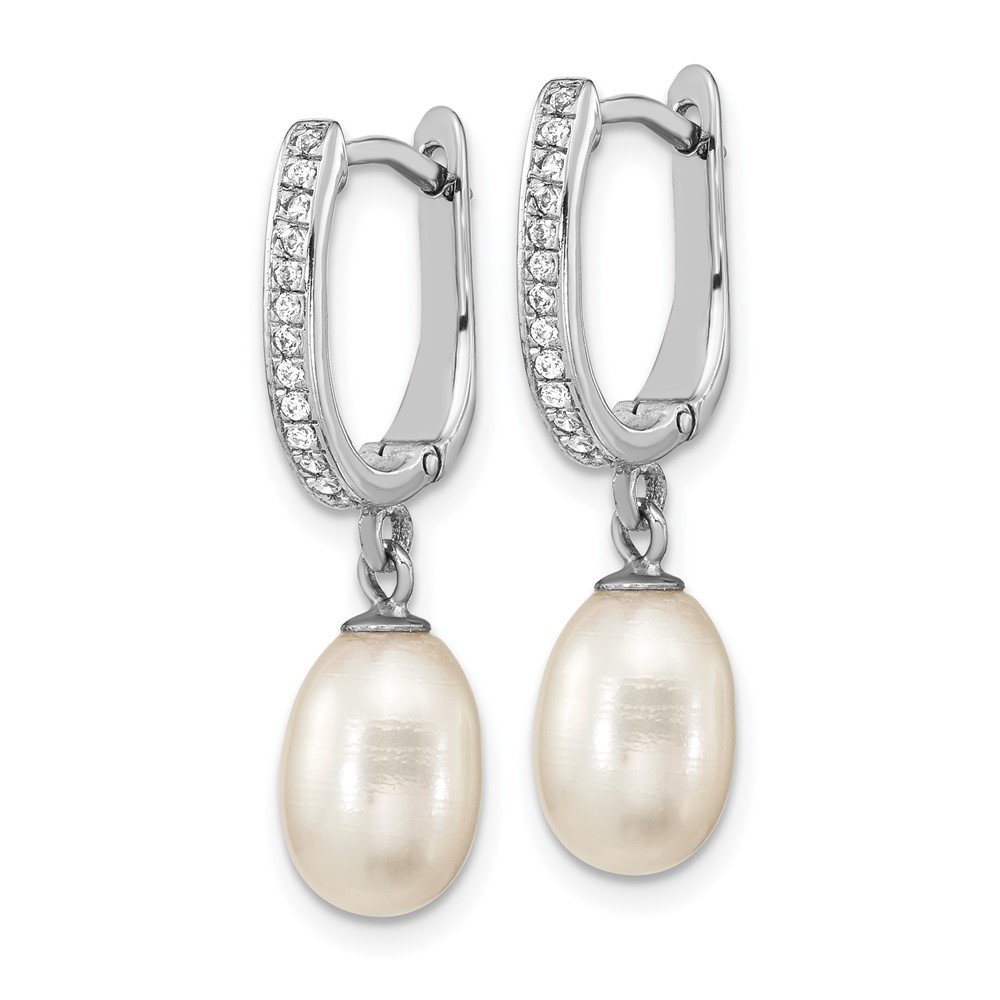 Sterling Silver Rhodium-plated 7-8mm White Rice Freshwater Cultured Pearl and CZ Hoop Dangle Earring (QE16365)