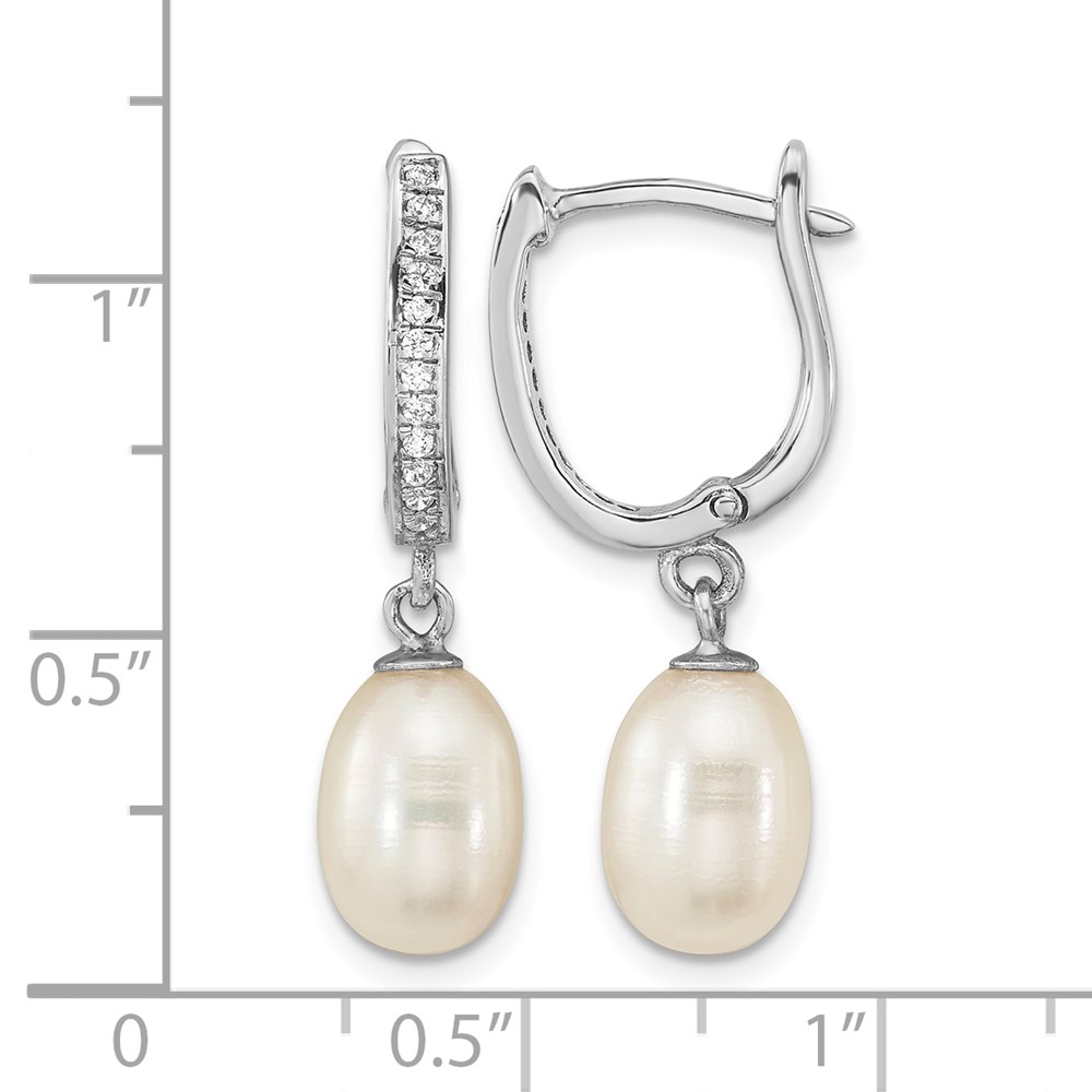 Sterling Silver Rhodium-plated 7-8mm White Rice Freshwater Cultured Pearl and CZ Hoop Dangle Earring (QE16365)