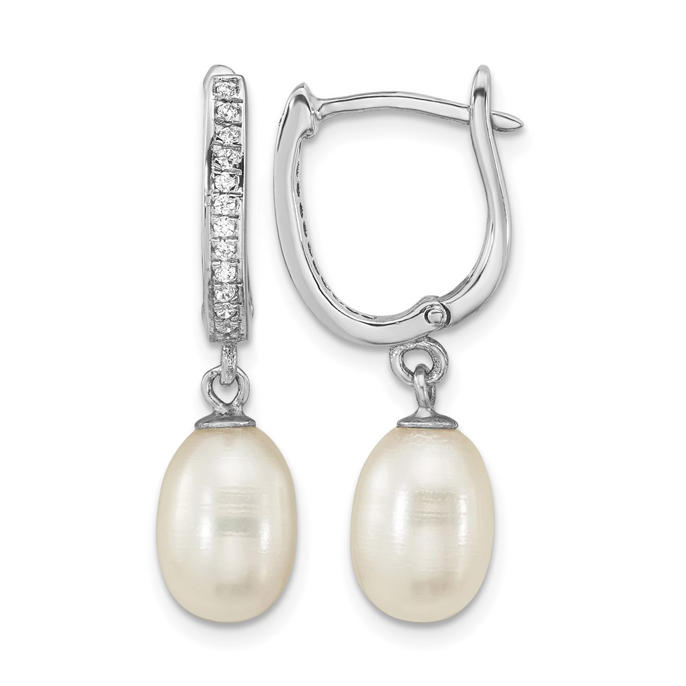 Sterling Silver Rhodium-plated 7-8mm White Rice Freshwater Cultured Pearl and CZ Hoop Dangle Earring (QE16365)