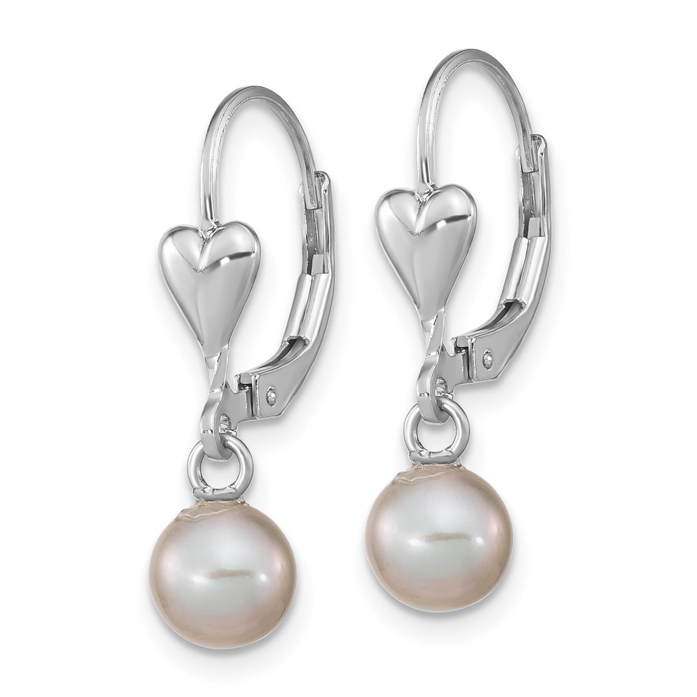 Sterling Silver Rhodium-plated 6-7mm Grey Round Freshwater Cultured Pearl Heart Leverback Dangle Earrings (QE16374)