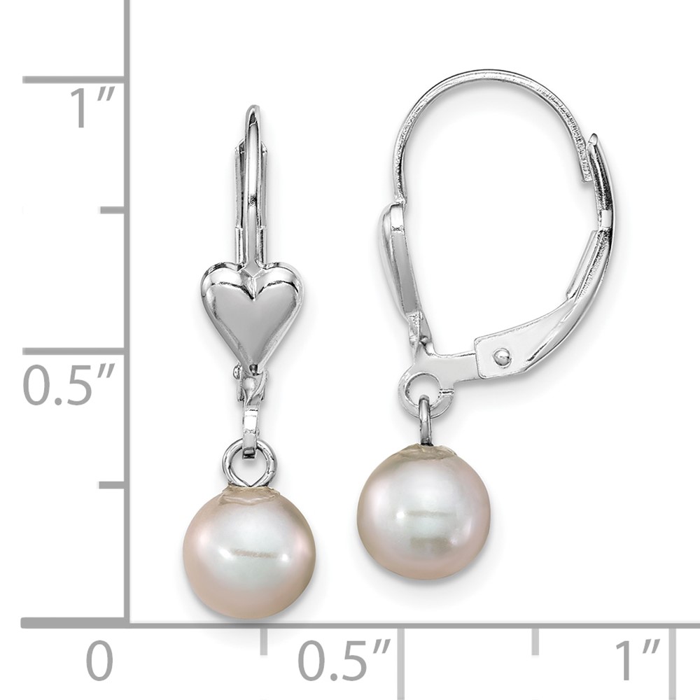 Sterling Silver Rhodium-plated 6-7mm Grey Round Freshwater Cultured Pearl Heart Leverback Dangle Earrings (QE16374)