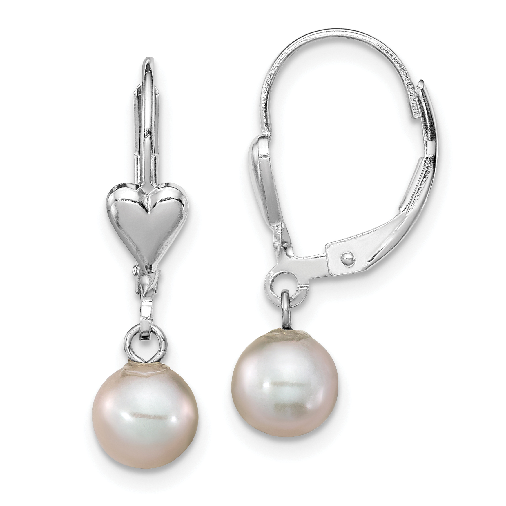 Sterling Silver Rhodium-plated 6-7mm Grey Round Freshwater Cultured Pearl Heart Leverback Dangle Earrings (QE16374)