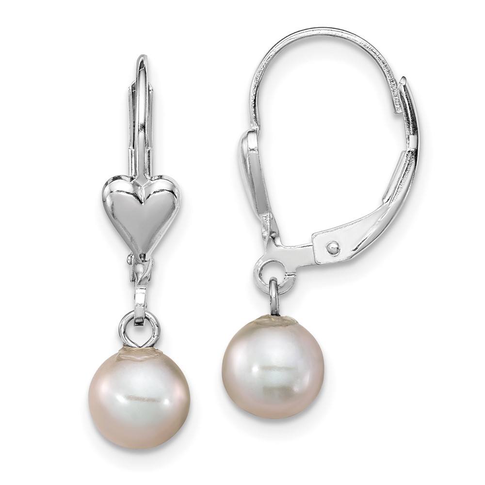 Sterling Silver Rhodium-plated 6-7mm Grey Round Freshwater Cultured Pearl Heart Leverback Dangle Earrings (QE16374)