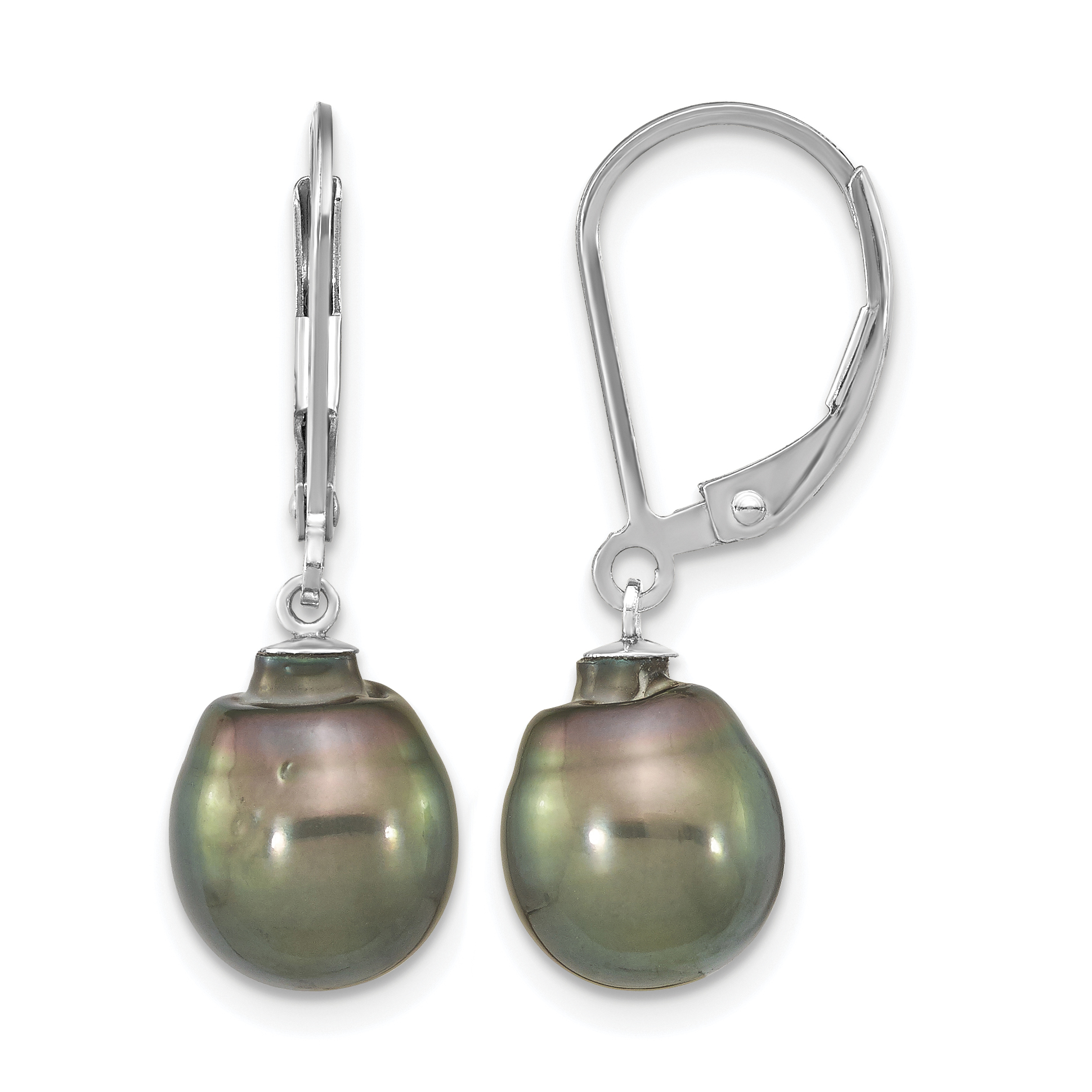 Sterling Silver Rhodium-plated 9-10mm Black Teardrop Tahitian Saltwater Cultured Pearl Dangle Leverback Earrings (QE16375)