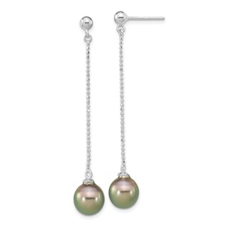 Sterling Silver Rhodium-plated 9-10mm Black Teardrop Tahitian Saltwater Cultured Pearl Post Dangle Earrings