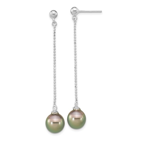 Sterling Silver Rhodium-plated 9-10mm Black Teardrop Tahitian Saltwater Cultured Pearl Post Dangle Earrings