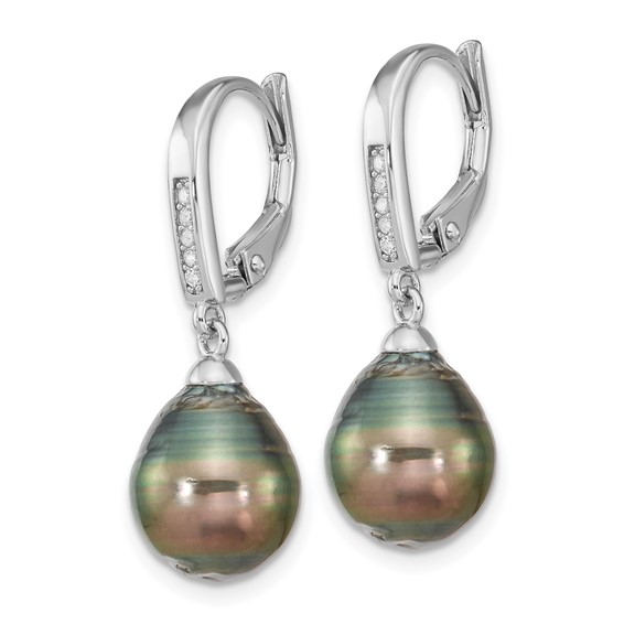 Sterling Silver Rhodium-plated 9-10mm Black Teardrop Tahitian Saltwater Cultured Pearl and CZ Dangle Leverback Earrings