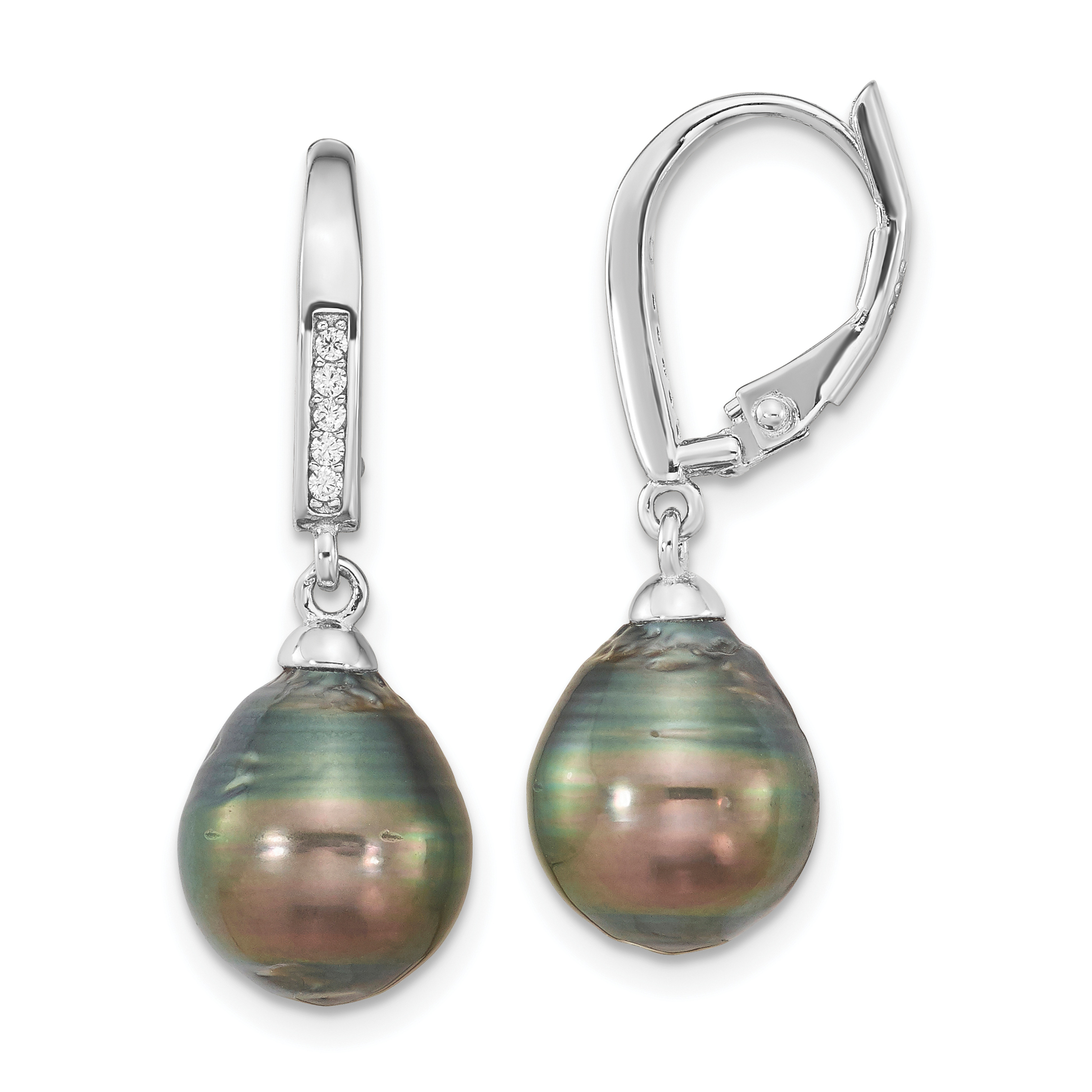 Sterling Silver Rhodium-plated 9-10mm Black Teardrop Tahitian Saltwater Cultured Pearl and CZ Dangle Leverback Earrings (QE16378)