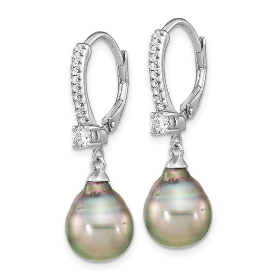 Sterling Silver Rhodium-plated 9-10mm Black Teardrop Tahitian Saltwater Cultured Pearl and CZ Dangle Leverback Earrings