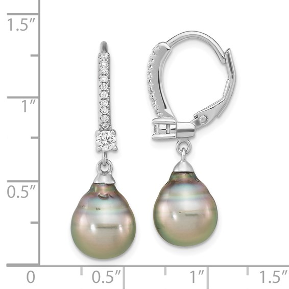 Sterling Silver Rhodium-plated 9-10mm Black Teardrop Tahitian Saltwater Cultured Pearl and CZ Dangle Leverback Earrings